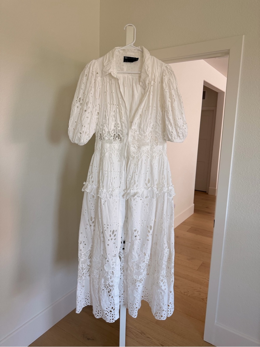 White Eyelet Midi Dress with Puff Sleeves